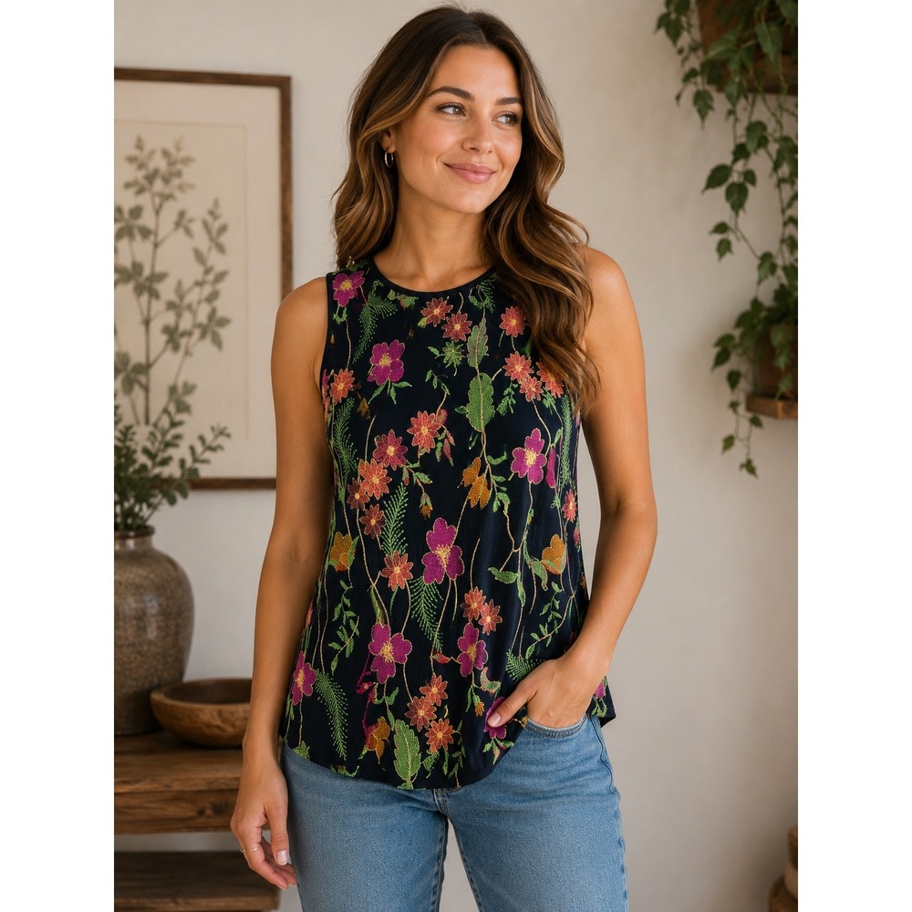 Anthropologie Meadow Rue Embroidered Floral Sleeveless‎ Tunic Top Navy Size S